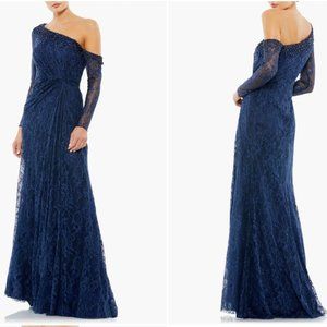 MAC DUGGAL DRAPED JEWEL ENCRUSTED LACE DROP SHOULDER NAVY GOWN sz 16